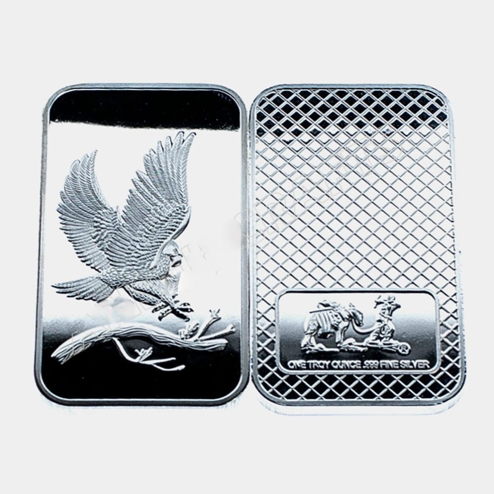 One Troy,
Ounce Bullion,
Eagle Bullion,
Prospector Silver
Plated Bullion,
USA Bullion,