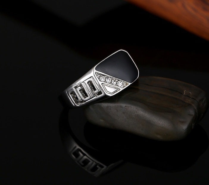 Men’s 925 Silver Wide Band Ring – Black & White Rhinestone Square Hip Hop Statement Jewelry