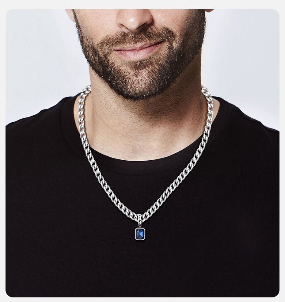 Geometric Square Blue Stainless Steel Cuban Link Chain Necklace, Stainless Steel Lucky Collar,