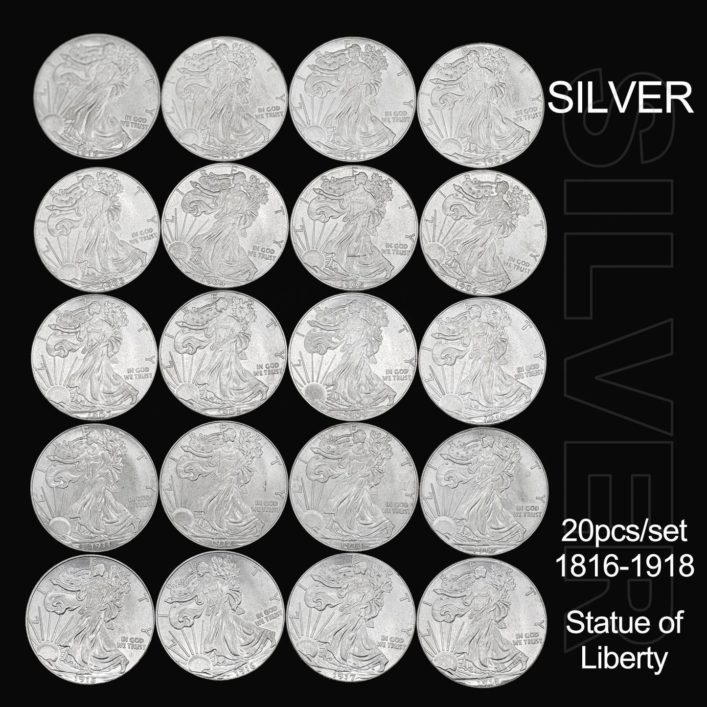 60PCS US Statue of Liberty Replica Coin Collection Set (1816-1918) – Silver, Antique & Gold Eagle Commemorative Coins