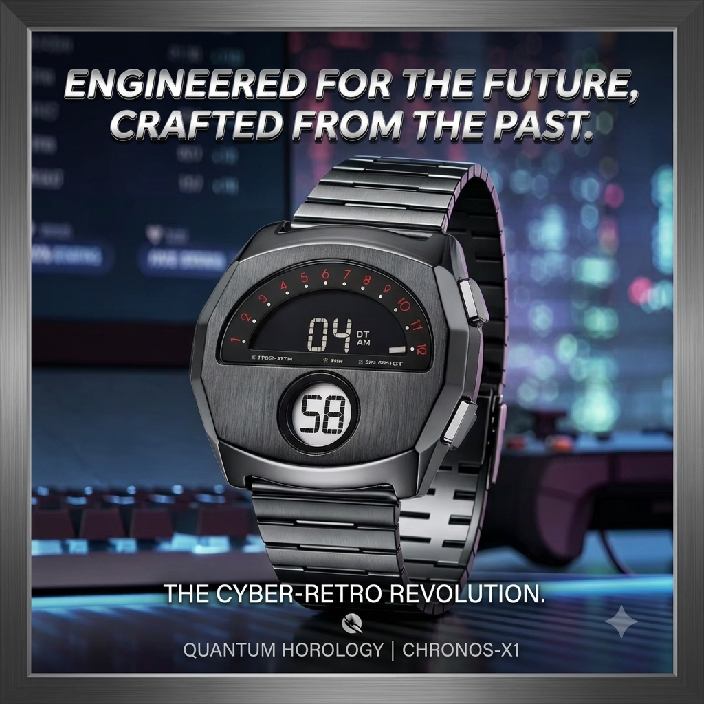 Retro Futuristic Digital Watch for Men Waterproof Stainless Steel Dual Display Electronic Wristwatch
