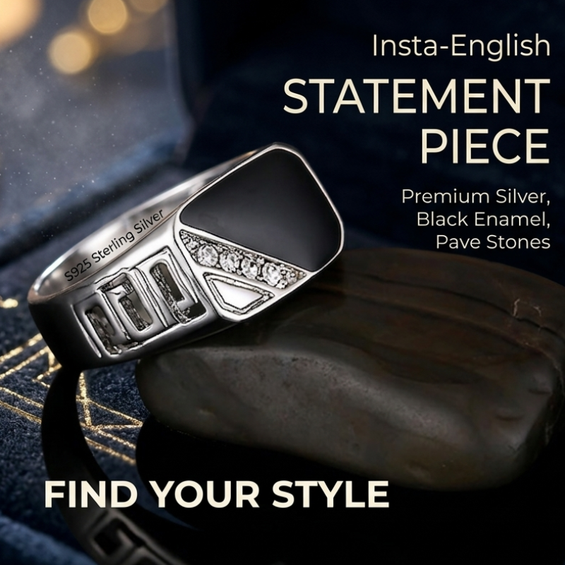 Men’s 925 Silver Wide Band Ring – Black & White Rhinestone Square Hip Hop Statement Jewelry