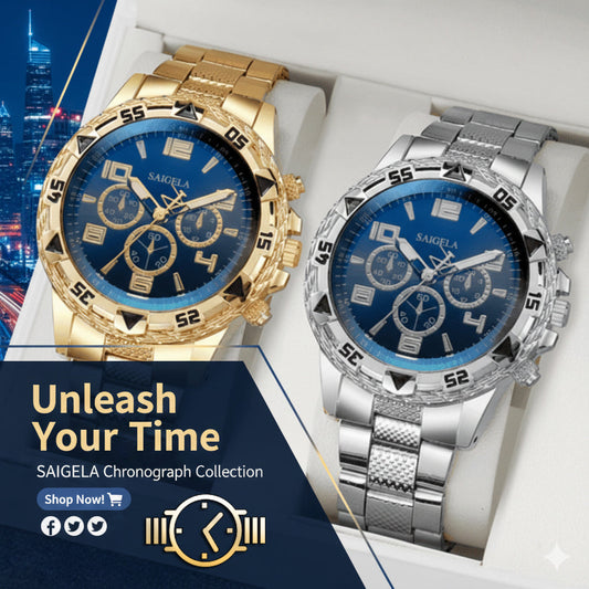 Business Quartz Watch Set 2 Pieces – Arabic Dial Stainless Steel Band (No Gift Box)