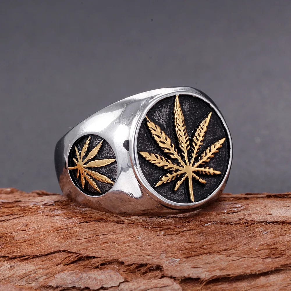 Hip Hop 316L Stainless Steel Bling Gold Ring - Weed Maple Leaf Ice-Out Design