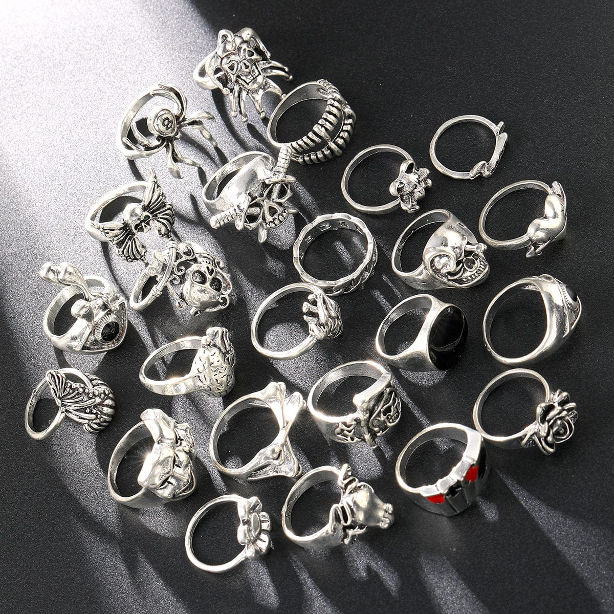 24 Pcs Gothic Skeleton Ring Set - Unisex Punk Grunge Rings