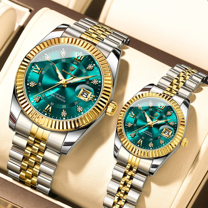 couple watches, luxury couple watch set, luminous watches, stainless steel watches, quartz couple watches, matching couple watches, gift for couples, him and her watches, elegant watches, luxury quartz watches,