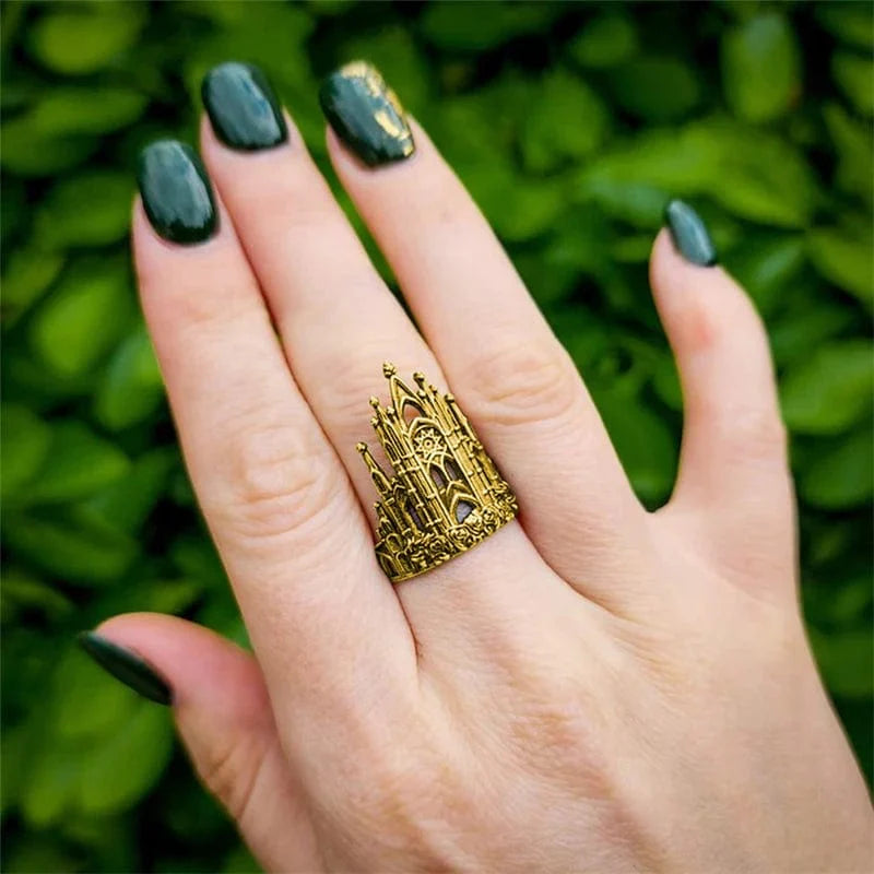 Castle Architectural Style Hollow Out Fiowers Geometry Gothic Metal Gold Open Ring