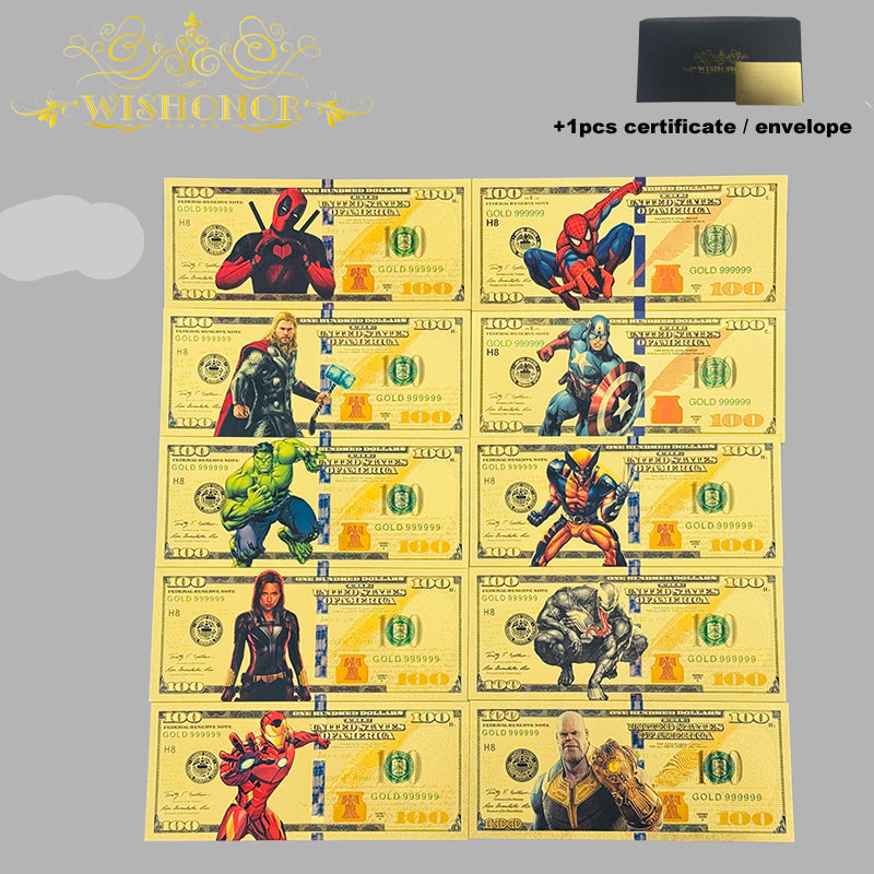 avengers banknotes, marvel gold banknote, avengers collectible, marvel banknote collection, superhero banknotes, 24k gold avengers note, marvel collectible gift, avengers souvenir, marvel memorabilia, superhero collector item, marvel fan gift, cartoon banknote marvel, avengers gold note, marvel comic collectible, superhero banknote set