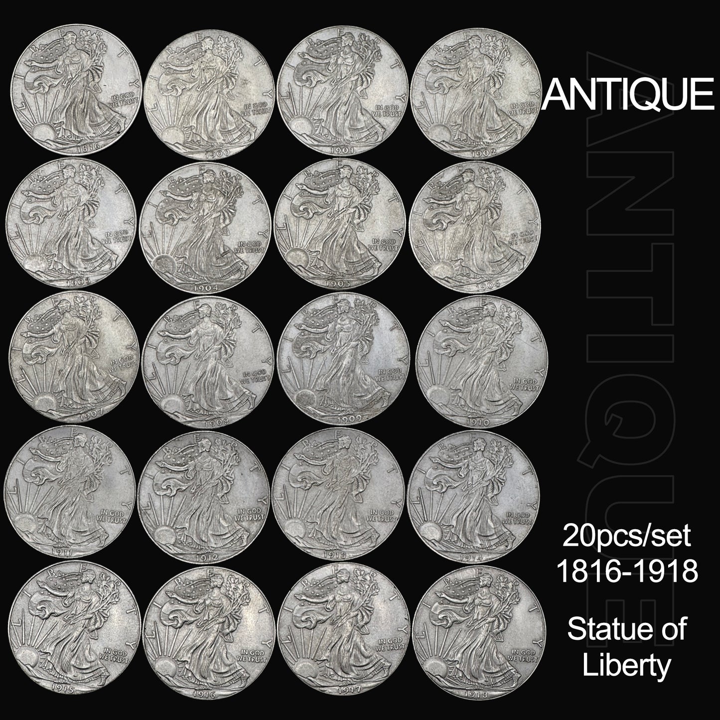 60PCS US Statue of Liberty Replica Coin Collection Set (1816-1918) – Silver, Antique & Gold Eagle Commemorative Coins