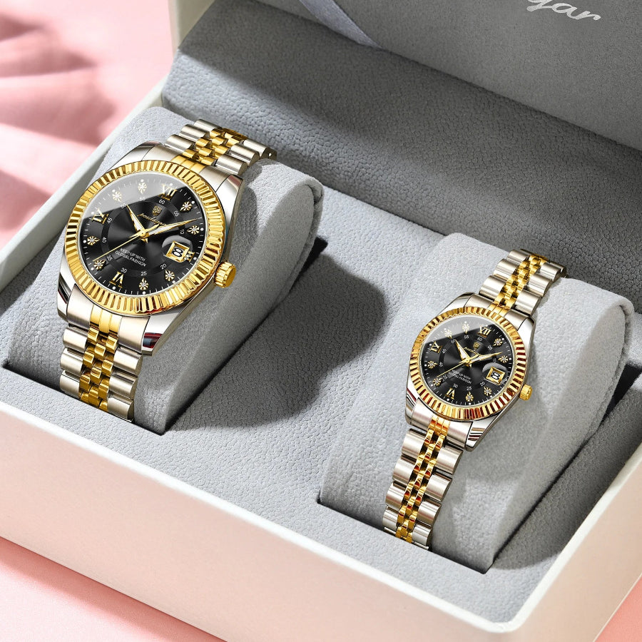 couple watches, luxury couple watch set, luminous watches, stainless steel watches, quartz couple watches, matching couple watches, gift for couples, him and her watches, elegant watches, luxury quartz watches